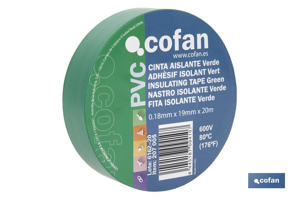CINTA AISLANTE 180 Micras VERDE 19mmX20 Metros venta unitaria (PACK: 1 UDS)