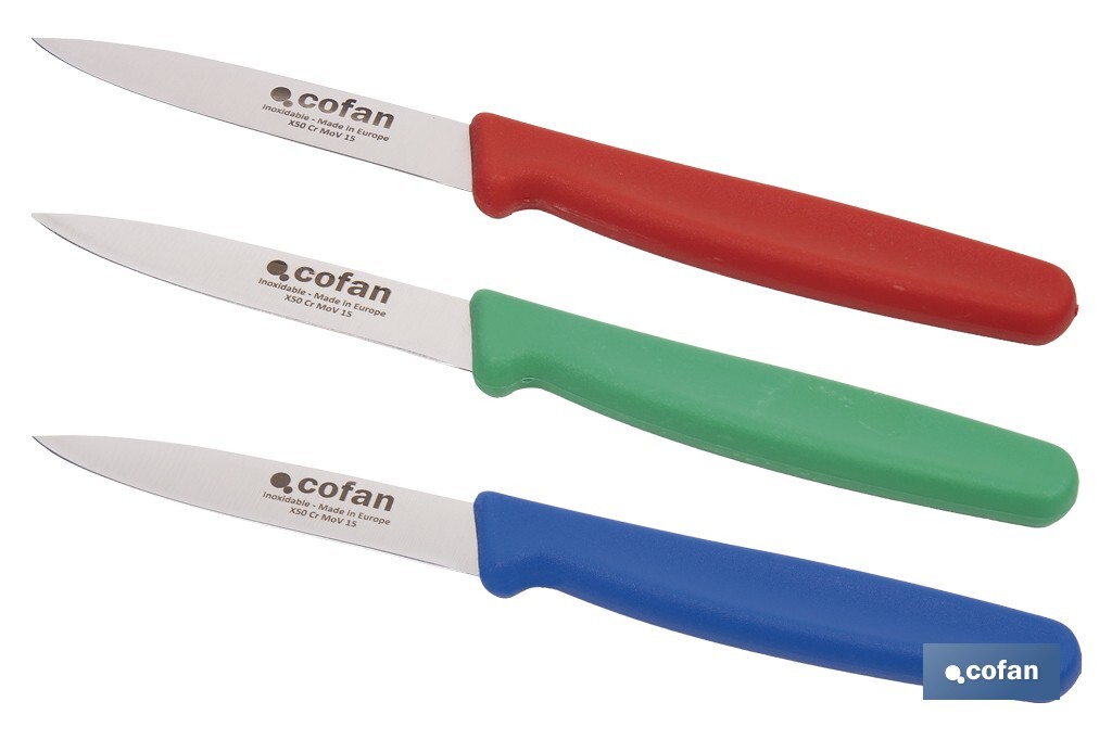 PACK DE 3 CUCHILLOS PUNTILLA COLOR ROJO VERDE AZUL 8.5 CM